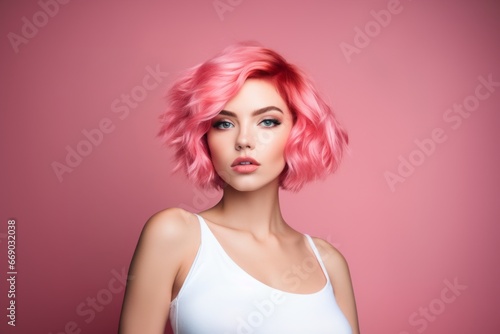 a macro close-up studio fashion portrait of a face of a young woman with perfect skin, short pink hair and immaculate make-up. Pink background. Skin beauty and hormonal female health concept