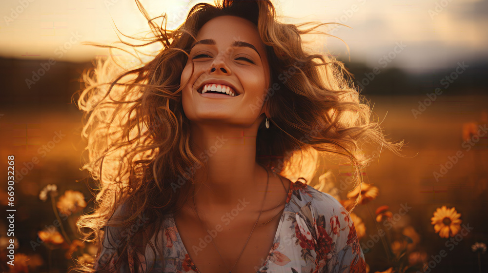 Fototapeta premium Backlit Portrait of calm happy smiling free woman with closed eyes enjoys a beautiful moment life on the fields at sunset