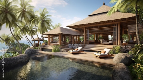 luxury bali villa with sea views, sunbeds and swimming pool. traveling asia, summer vacation. AI © yana136