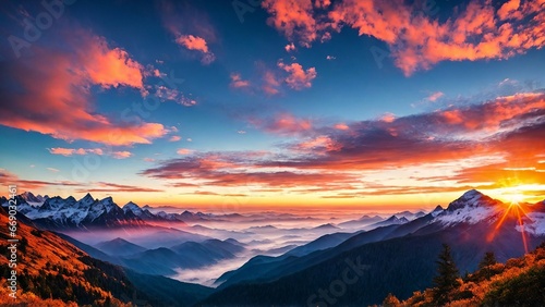 Stunning sunrise in the mountains, warm light. Generative AI,