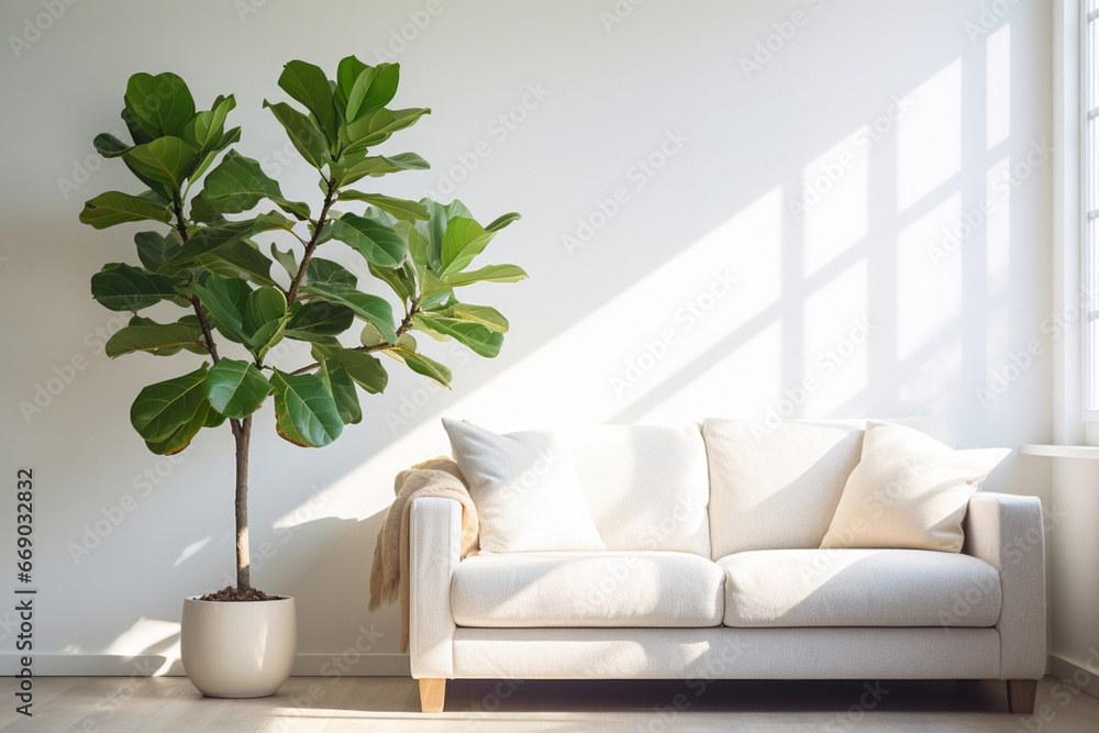 White fabric sofa, fiddle leaf fig plant, wooden working desk and chair in modern and luxury creamed wall and parquet floor room with sunlight from window  - obrazy, fototapety, plakaty 