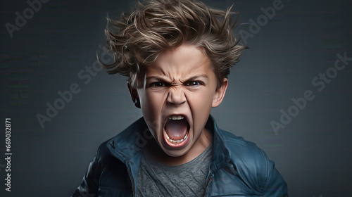 Angry Furious young kid. isolated on dark background