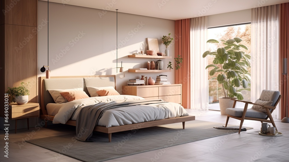 Fototapeta premium Bedroom, mid century style. Interior design