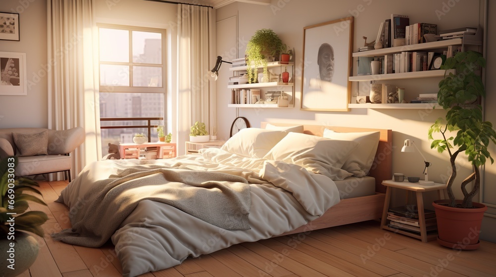 Fototapeta premium Bedroom, mid century style. Interior design