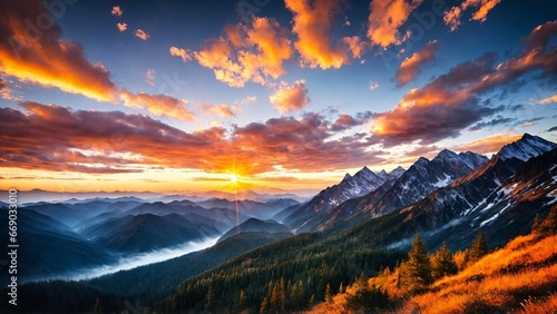 Stunning sunrise in the mountains  warm light. Generative AI 