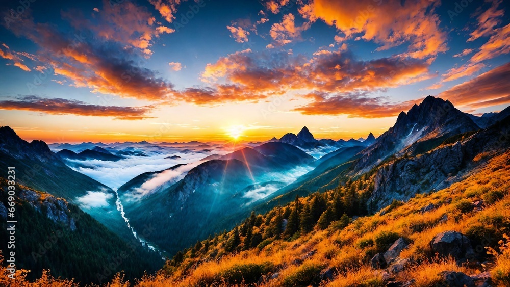 Stunning sunrise in the mountains, warm light. Generative AI,