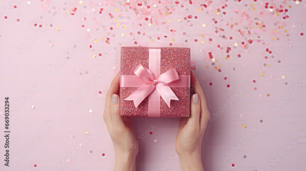 Woman's Hands Holding gift or present box decoration confetti isolated on pink background Woman's Hands Holding gift or present box decoration confetti isolated on pink background