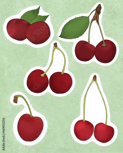 Set Delicious fresh ripe cherries fruit flat illustration design. Printable c...