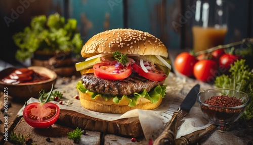 Burger gourmet sur fond rustique: Une délicieuse tentation photo