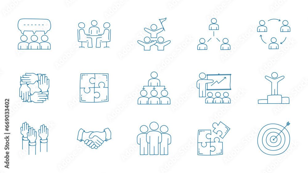 Business team line icon set. Doodle teamwork community line icon collections.