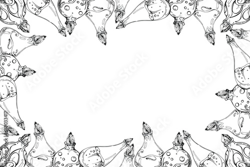 Hand drawn ink vector glass jar vial bottle for potion isolated horizontal frame. Sketch illustration art witchcraft, medicine, chemistry, alchemy. Design shops, logo, print, website, card, booklet