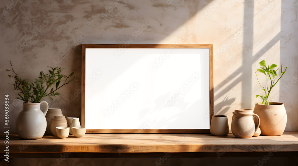 Horizontal transparent frame mock up in boho rustic kitchen. Generative ai Horizontal transparent frame mock up in boho rustic kitchen. Generative ai