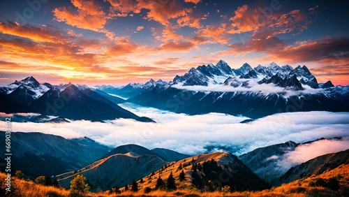 Stunning sunrise in the mountains, warm light © Артем Шостак