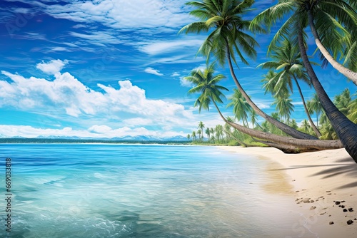 A Beautiful Beach View with Palm Trees and Crystal Blue Waters: Captivating Coastal Oasis © Michael