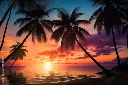 Beautiful Sunset Beach  Palm Trees Silhouetted against the Sky - Captivating Tropical Scene