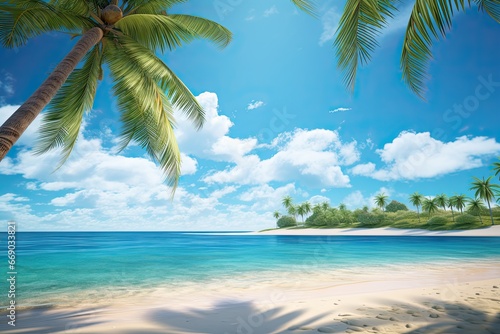 A Calm Beach with Palm Tree Swaying   Tranquil Ocean View for Serene Beach Getaways © Michael