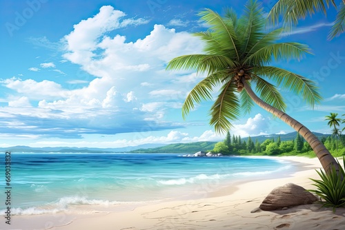 Calm Beach with Palm Tree Swaying: Serene Breeze, Tropical Bliss
