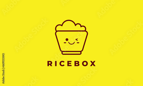 Rice box logo vector flat design badge oriental food delicious breakfast dinner eat meal dish express take away pack concept