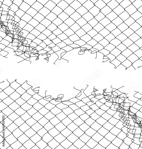 Opening in metallic net fence. isolated on white background. Challenge. uncertainty. breakthrough concept. freedom concept. Chainlink  wire netting  wire-mesh. illustration.