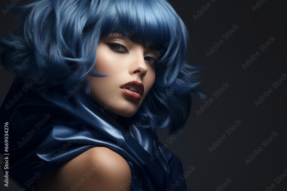 a close-up studio fashion portrait of a face of a young woman with perfect skin, blue hair and immaculate make-up. Dark background. Skin beauty and hormonal female health concept