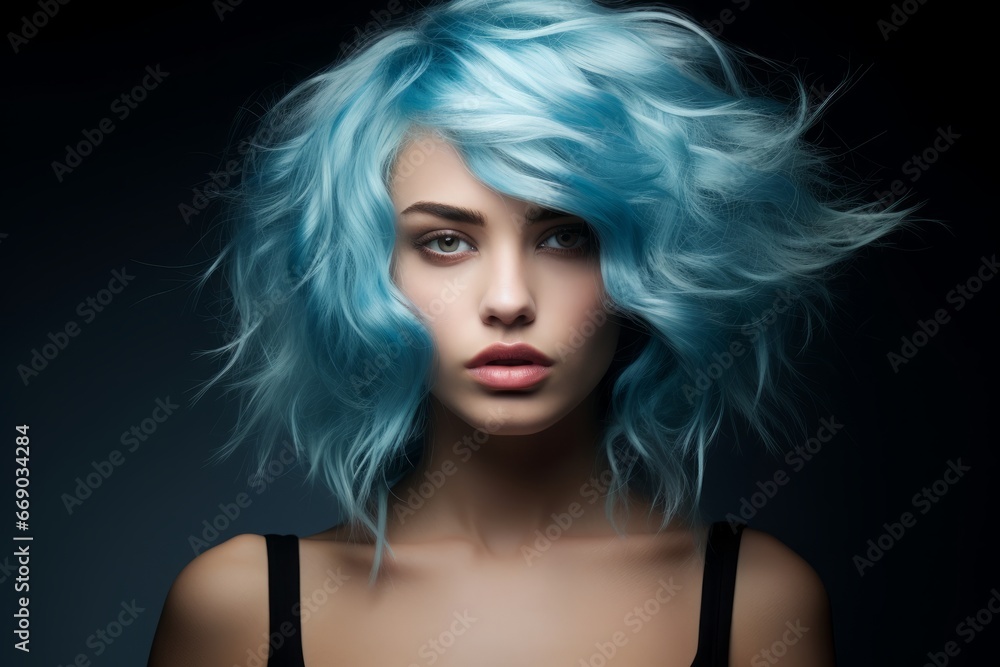 a close-up studio fashion portrait of a face of a young woman with perfect skin, blue hair and immaculate make-up. Dark background. Skin beauty and hormonal female health concept
