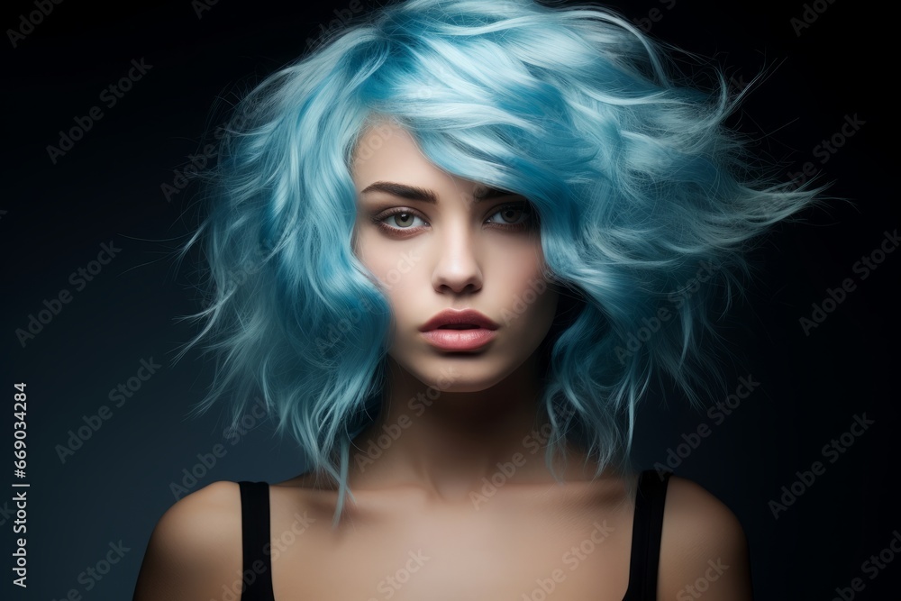 a close-up studio fashion portrait of a face of a young woman with perfect skin, blue hair and immaculate make-up. Dark background. Skin beauty and hormonal female health concept a close-up studio fashion portrait of a face of a young woman with perfect skin, blue hair and immaculate make-up. Dark background. Skin beauty and hormonal female health concept