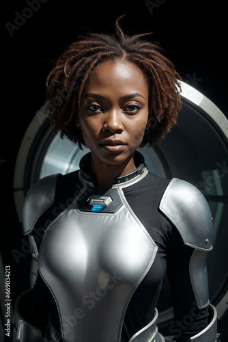 a woman in a silver and black suit with a sci-fi fidget on her chest and a black background, afrofuturism