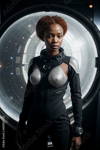 a woman in a space suit standing in front of a large object with a circular window behind her and a sci-fi, afrofuturism
