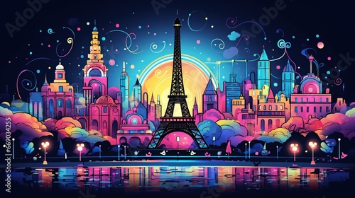 Postcard with night Paris, the Eiffel Tower, geometric neon style photo