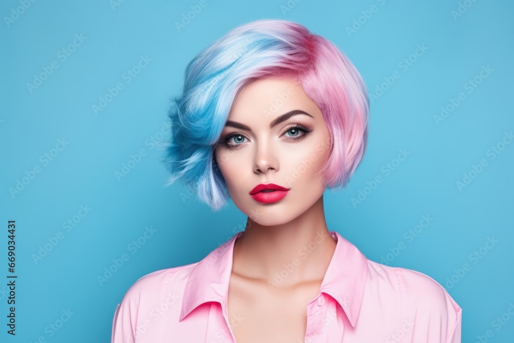 a close-up studio fashion portrait of a face of a young woman with perfect skin, blue hair and immaculate make-up. Blue background. Skin beauty and hormonal female health concept
