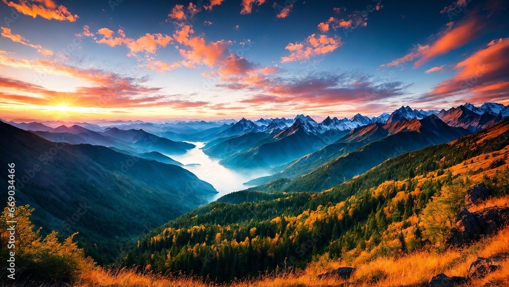 Stunning sunrise in the mountains, warm light. Generative AI