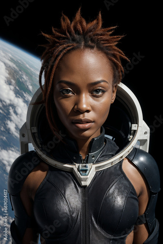 a woman in a space suit with dreadlocks on her head and a planet in the background with clouds