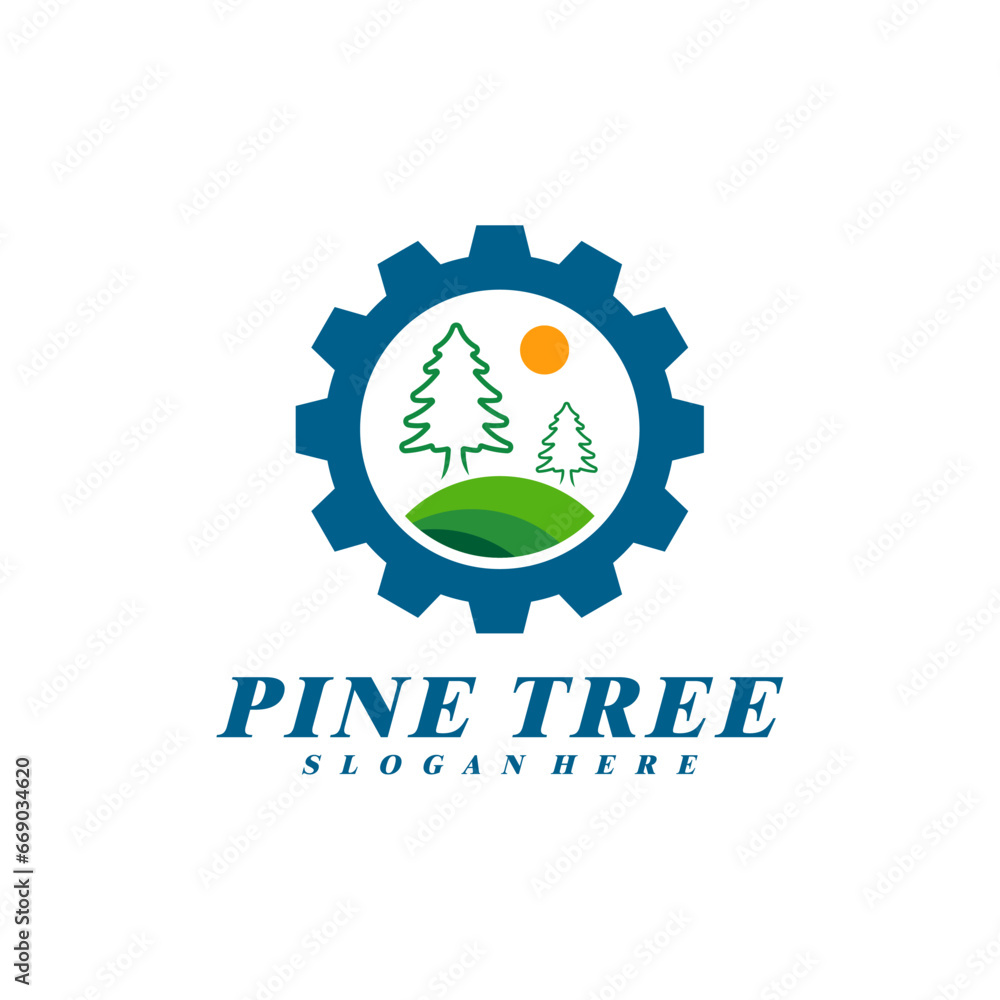 Pine Tree with Gear logo design vector. Creative Pine Tree logo concepts template Pine Tree with Gear logo design vector. Creative Pine Tree logo concepts template