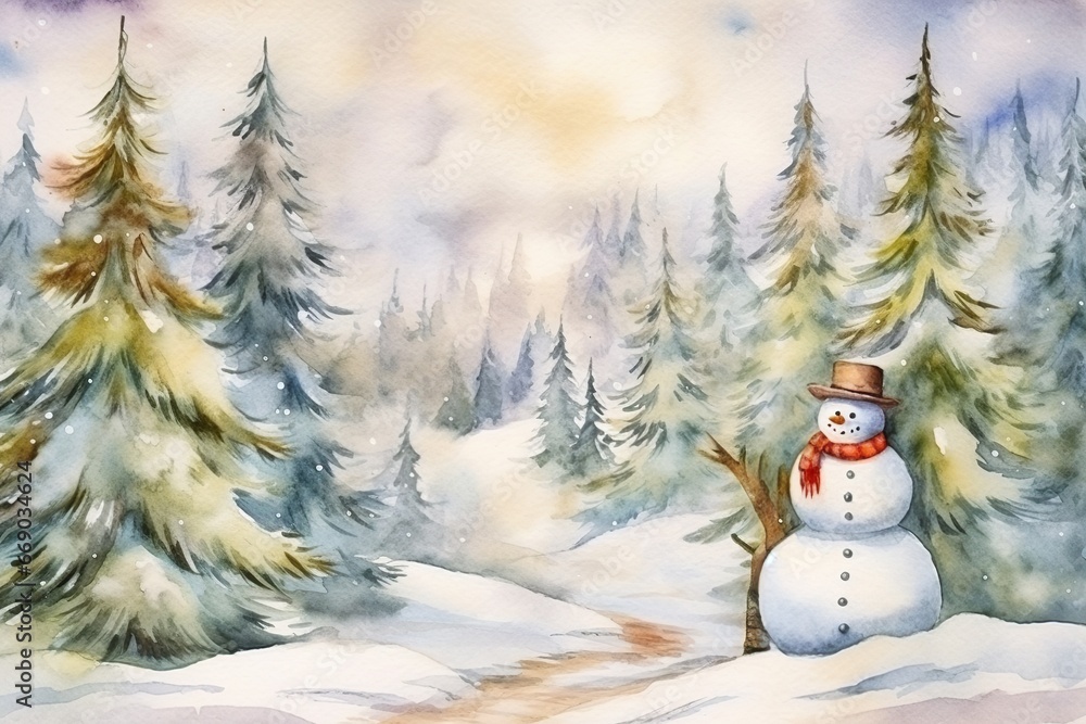 Watercolor postcard with snowmen in a snowy forest. Cute Character