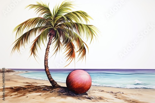 Beach Ball Drawing: Palm Tree on Beach - Vibrant and Playful Summer Scene