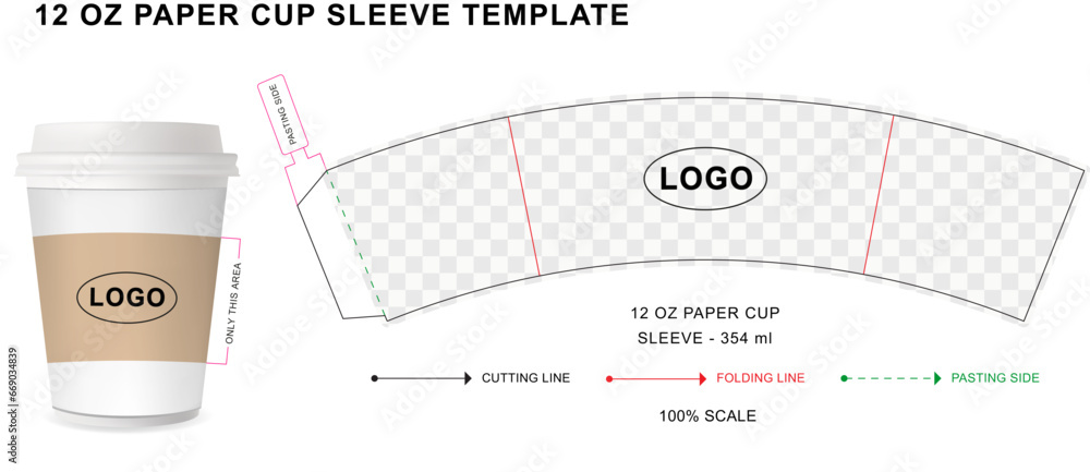 Paper cup sleeve die cut template for 12 ounce with 3D blank vector ...