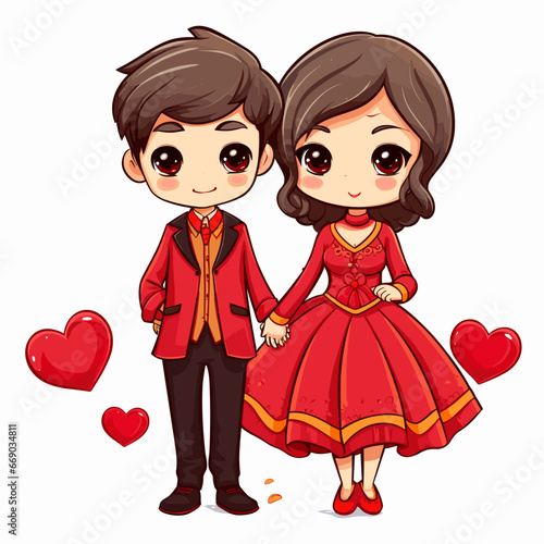 Chinese couple hand-drawn comic illustration. Chinese couple. Vector doodle style cartoon illustration