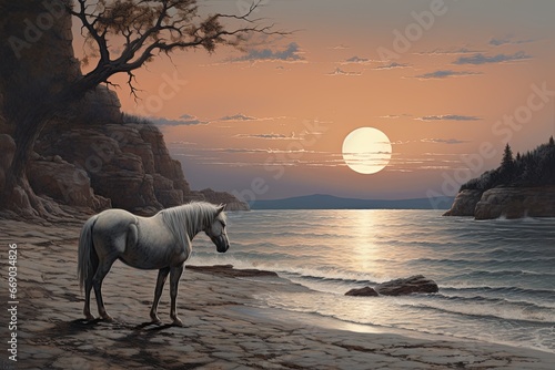 Beach Scene: Majestic Horse on Beach Exemplifying Serene Coastal Beauty © Michael