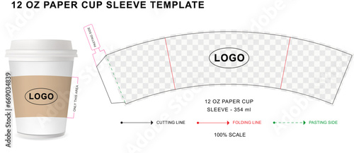 Paper cup sleeve die cut template for 12 ounce with 3D blank vector mockup for food packaging