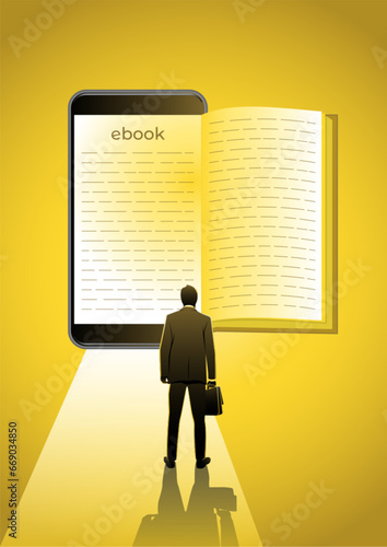 Back view of a businessman reading ebook