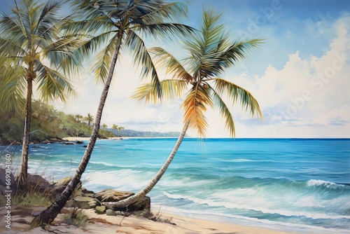 Beach Scene with Swinging Palm Trees: Captivating Breeze-Kissed Oasis