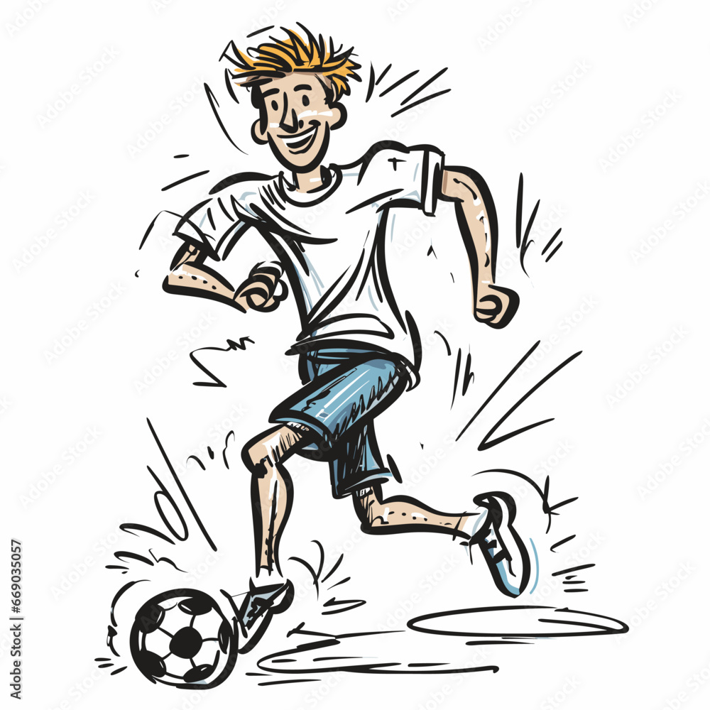 Obraz premium Soccer player hand-drawn comic illustration. Football player. Vector doodle style cartoon illustration