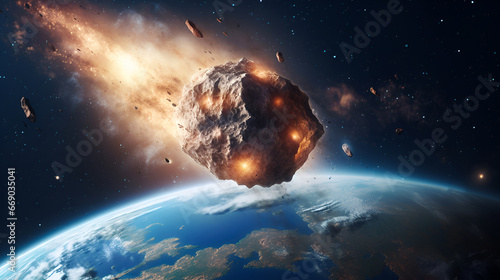 The red-hot fiery metarite flies in space towards planet Earth. Collision of a comet with the earth threat of global cosmic Armageddon