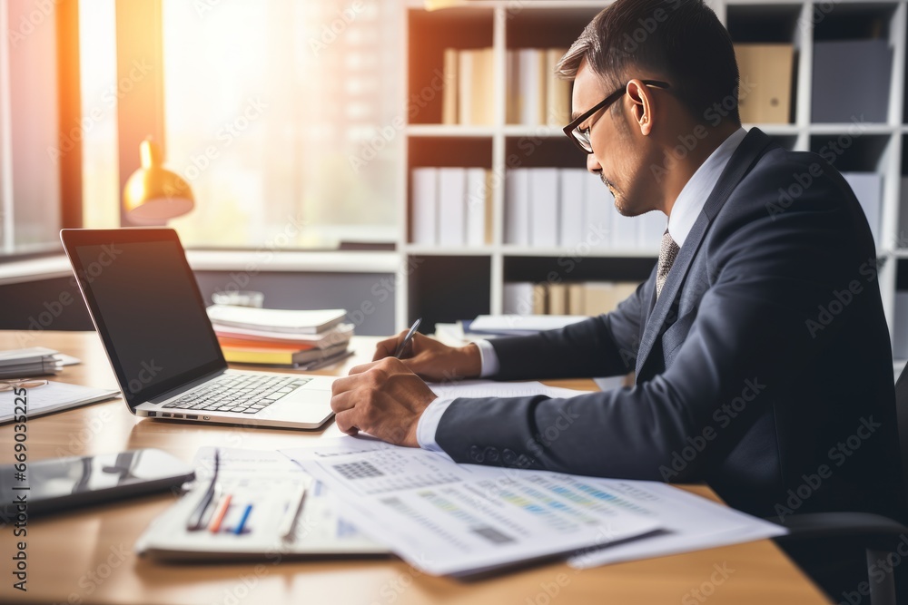 Accountant using calculator for financial report, representing business accounting in office Accountant using calculator for financial report, representing business accounting in office