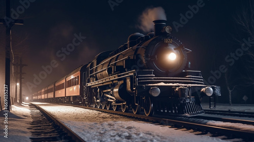 The train travels through the forest at night in winter.