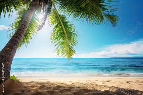 Idyllic Beach View with Palm Tree  The Perfect Vacation Spot for a Relaxing Getaway
