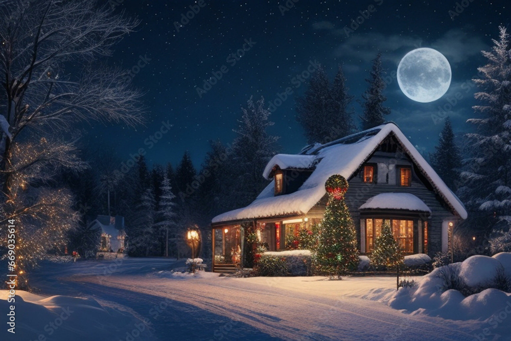 Cozy holiday house illuminated in snowy winter landscape at night.