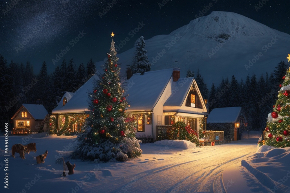 Fototapeta premium Cozy holiday house illuminated in snowy winter landscape at night.