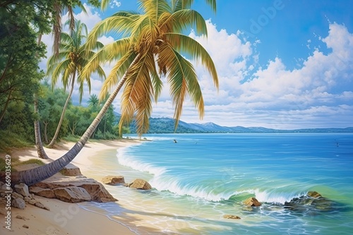 Summer Beach Scene: Stunning Beach with Palm Tree - Digital Image for a Perfect Vacation Vibe © Michael