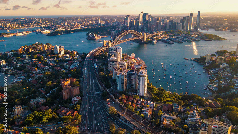 Aerial drone view of Sydney City and Sydney Harbour showing Sydney Harbour Bridge and Lavender Bay in the late afternoon        - obrazy, fototapety, plakaty 